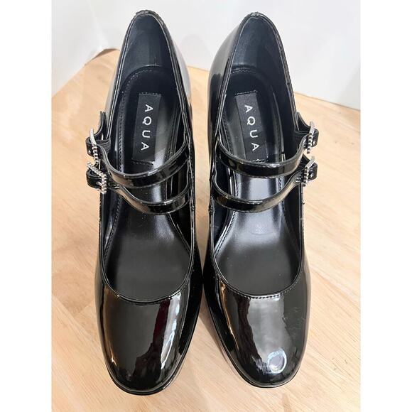 Aqua Emmy Black Faux Patent Leather Platform High Heel Mary Jane Pumps Size 7M - Picture 3 of 9